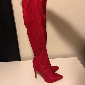 Red thigh high boots